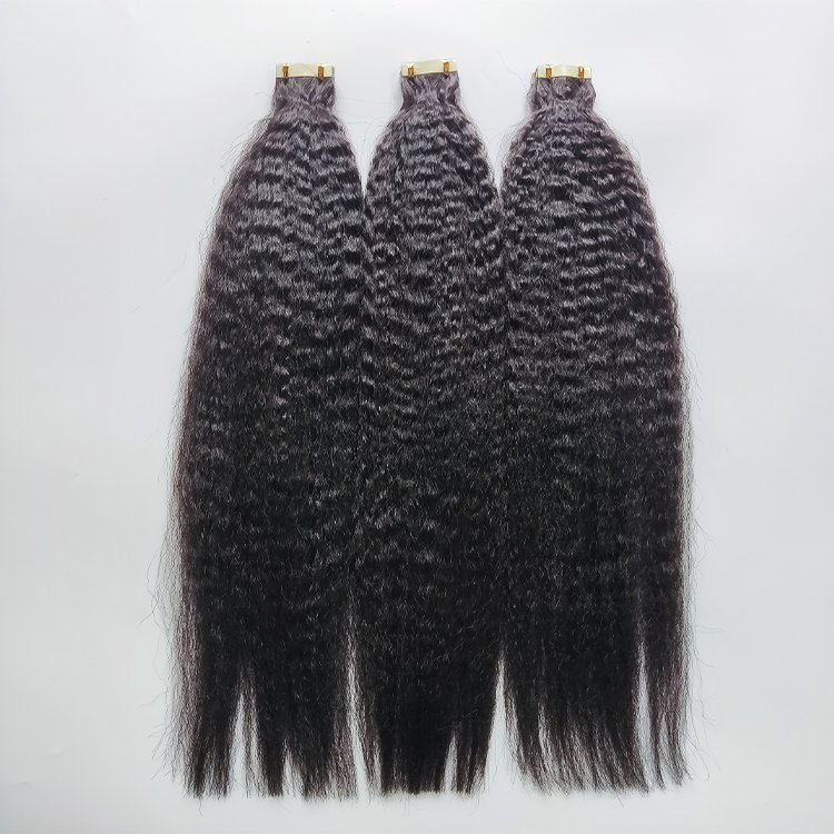 100% Human Hair Extensions Tape In Indian Kinky Yaki Straight with Raw Curly Wave Brazilian Style 1B Color