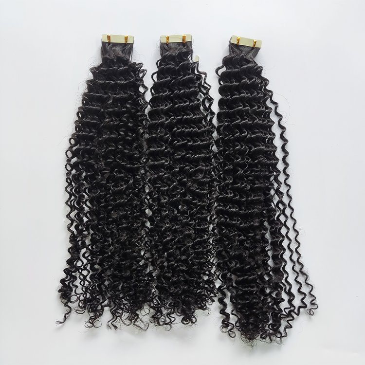 100% Human Hair Extensions Tape In Indian Kinky Yaki Straight with Raw Curly Wave Brazilian Style 1B Color