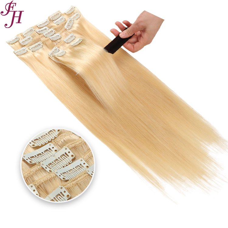 FH platinum blonde human hair clip in extensions bundle clip in double drawn vietnamese raw hair clip in clip-in