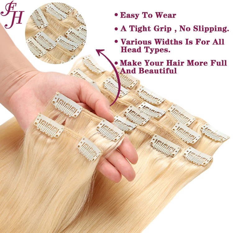 FH platinum blonde human hair clip in extensions bundle clip in double drawn vietnamese raw hair clip in clip-in