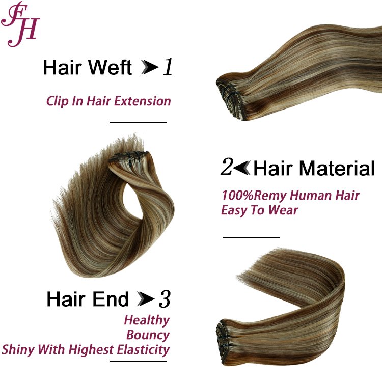FH wholesale double drawn seamless clip in human hair extension 100% remy russian hair clip in set