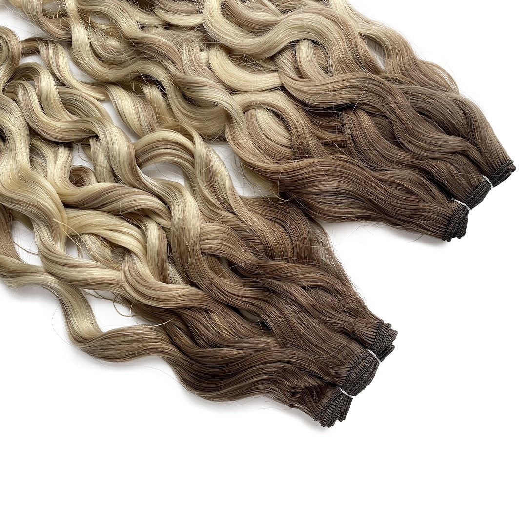2023 New Arrival Balayage Color Thick Ends Raw Russian Curly Natural Wave Invisible Genius Weft Human Hair extensions