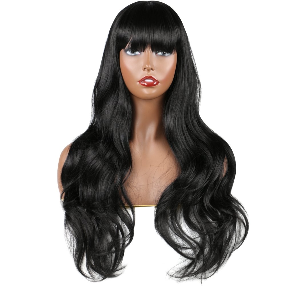 Hot sell Synthetic Brown Wigs for Black Women Long Wavy Hair Wig With Neat Bangs Heat Resistant Fiber