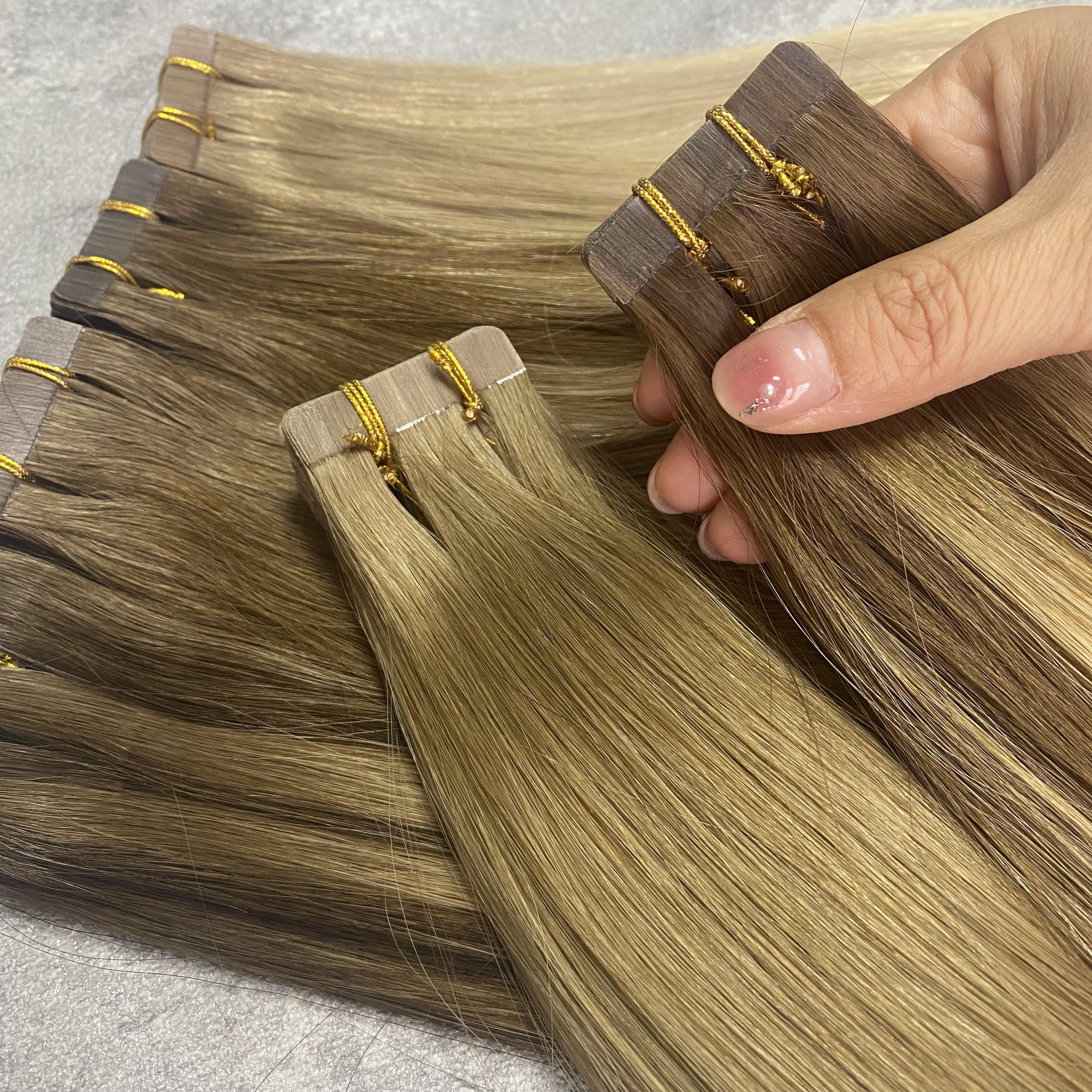 Double Drawn Cuticle Aligne Balayage Russian Human Hair Invisible Silk Tape In Extensions Wholesale Provide Replacement Tape