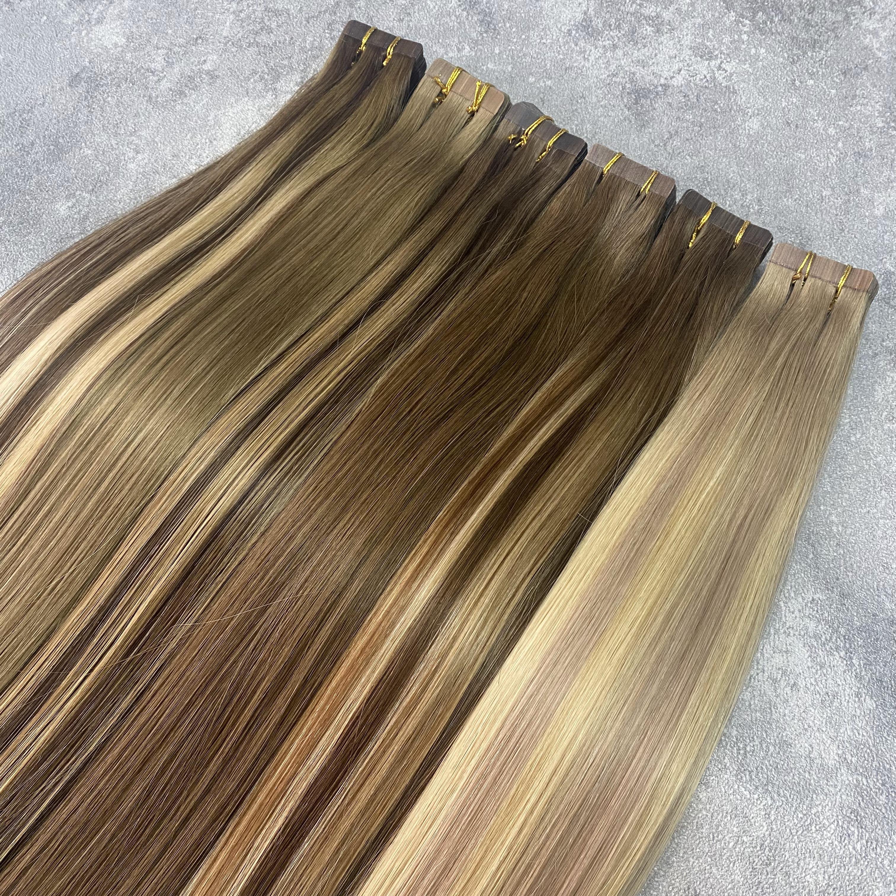 Double Drawn Cuticle Aligne Balayage Russian Human Hair Invisible Silk Tape In Extensions Wholesale Provide Replacement Tape