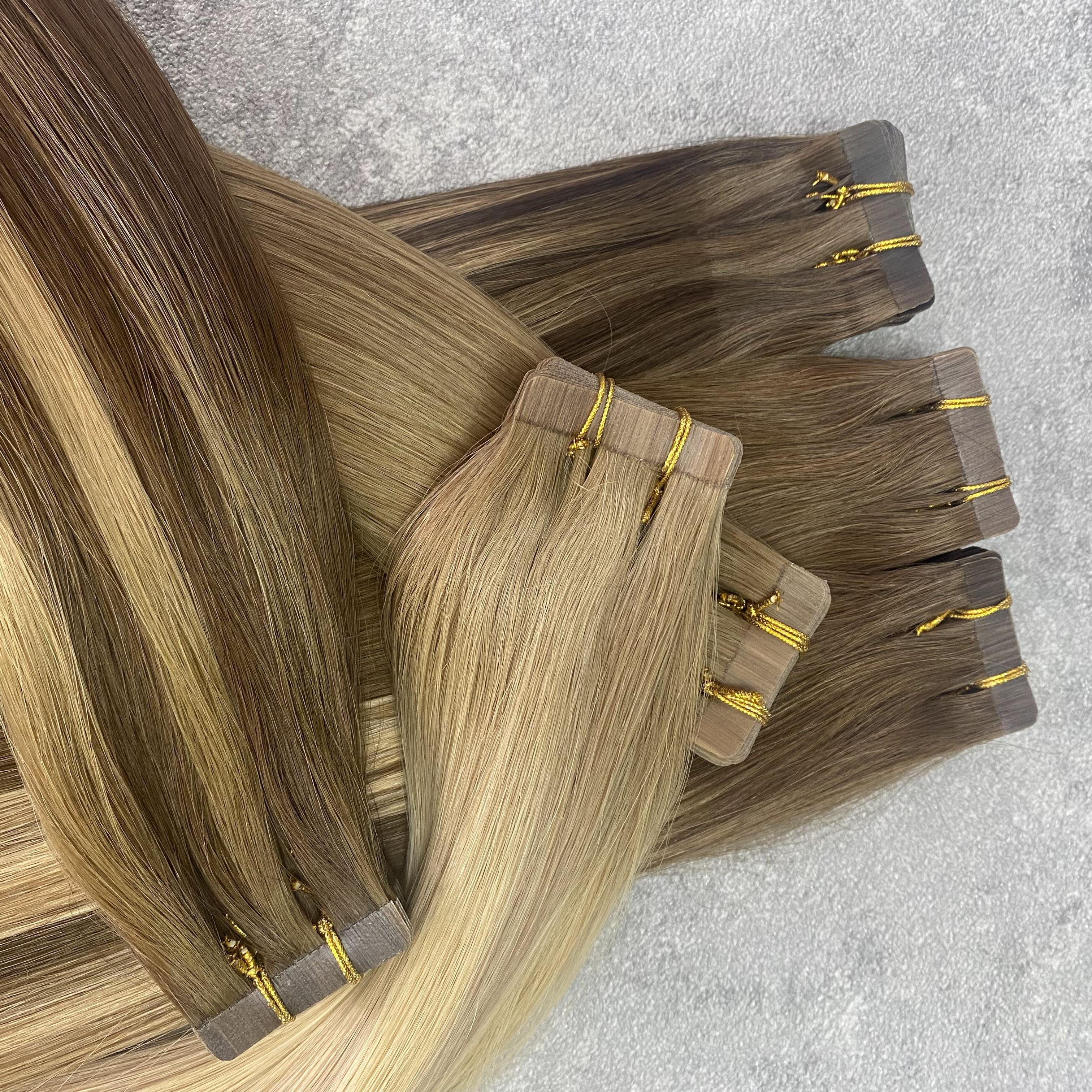 Double Drawn Cuticle Aligne Balayage Russian Human Hair Invisible Silk Tape In Extensions Wholesale Provide Replacement Tape