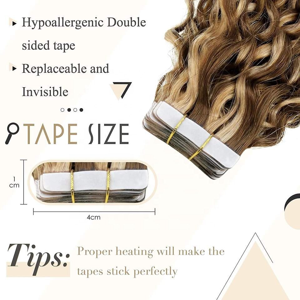 Raw Cambodian curly Tape In 100 Human Hair Extensions Blonde Hair Tape In Extensions Dark Brown Highlight Honey Blonde Color