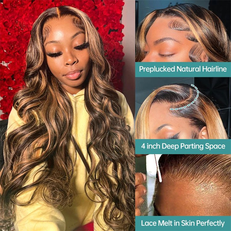 Cuticle Aligned Raw Wig Piano Color Highlight Raw Hair Wigs 13x4 Transparent Lace Frontal Honey Blonde Body Wave Lace Front Wig