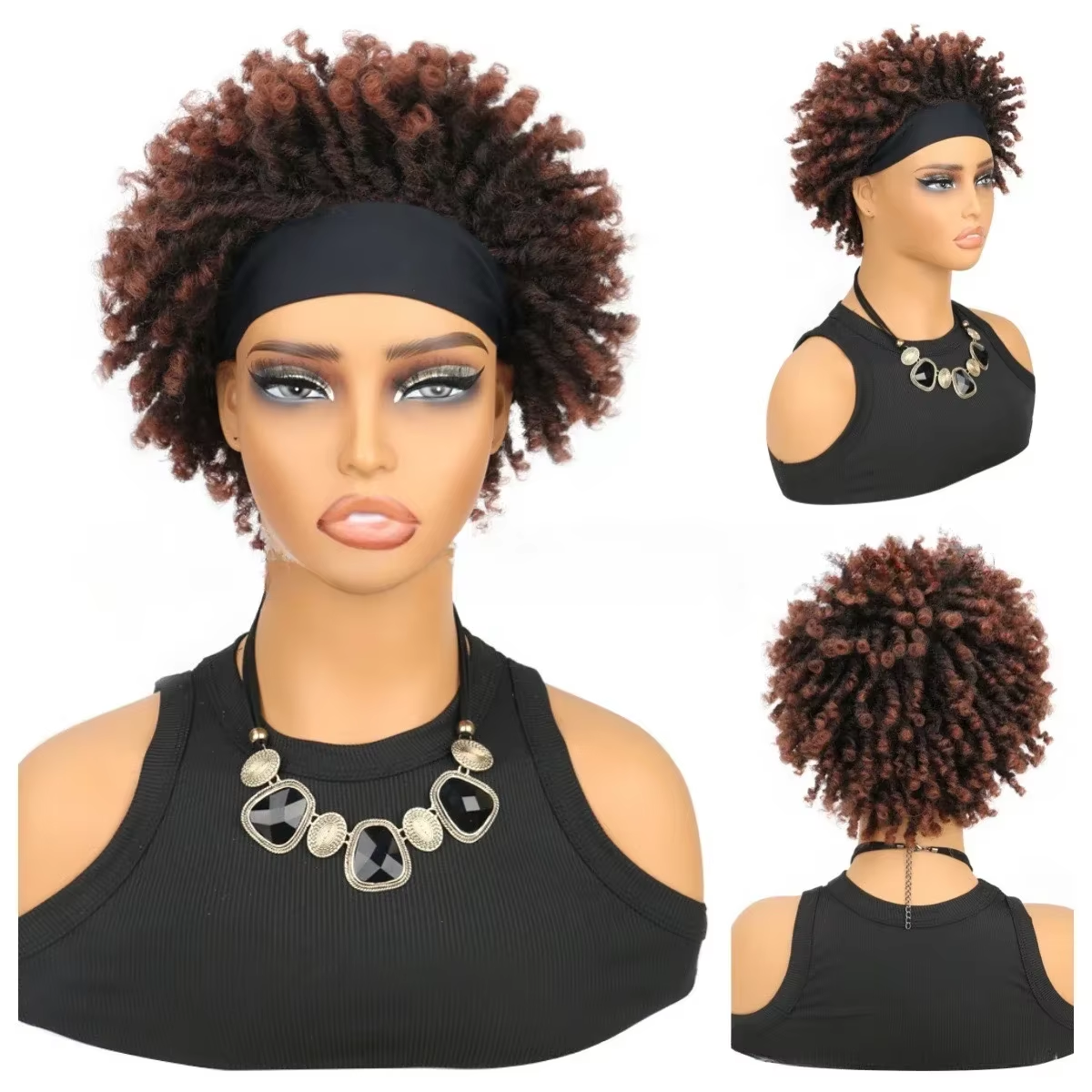 African Women's Synthetic Wig with Dreadlocks Curly and Fluffy Short Curly Hair Explosive Head Ice Silk Hair and Headband