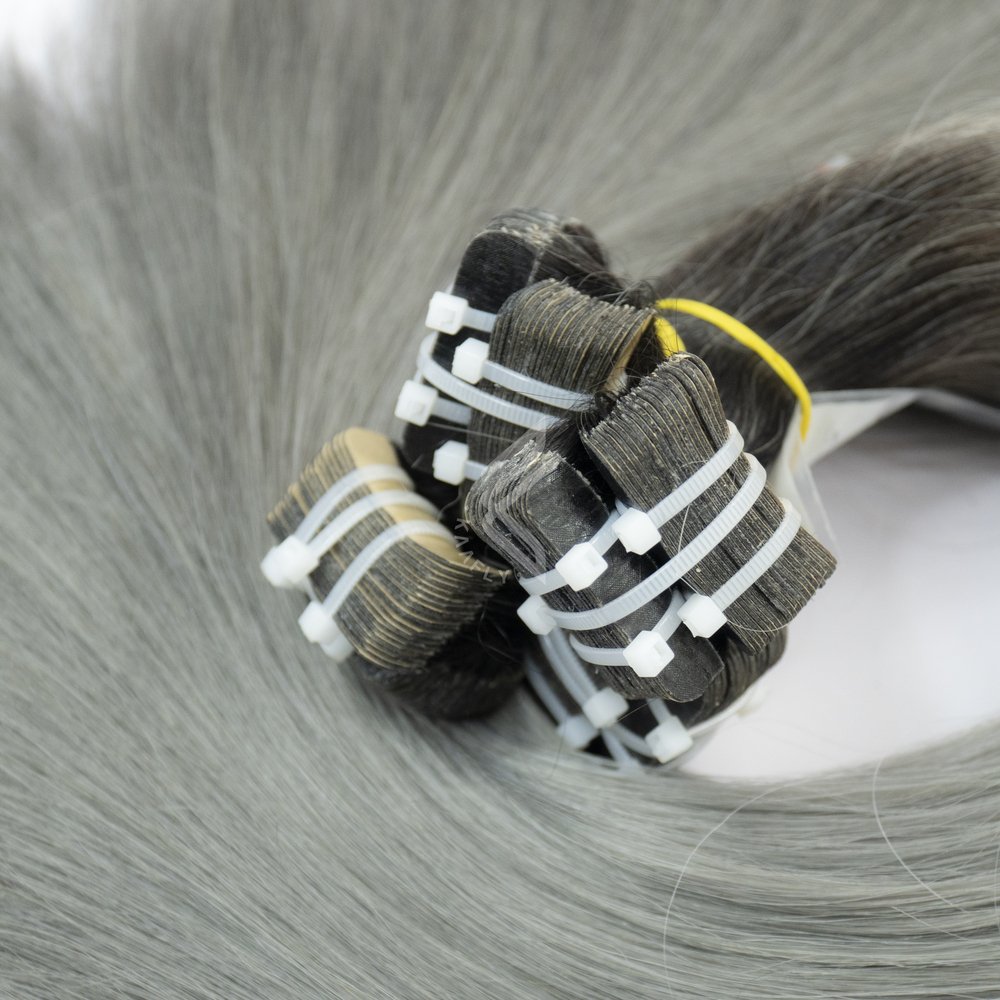 Black And Ombre Silver Tape Natural Hair Extension Russian Human Real Human Hair Extension 200 Grams
