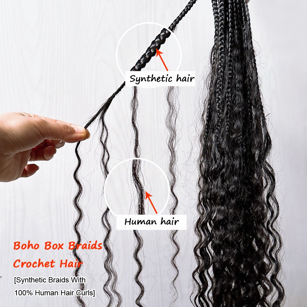 Crochet Boho Box Braids With Human Hair Curls Pre-looped 14 18 24 30 inch
