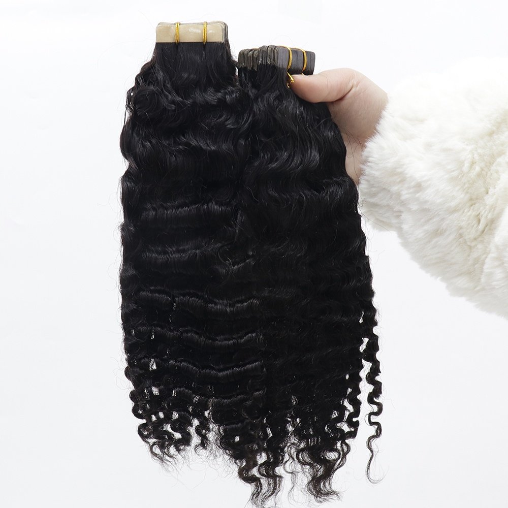 3B 3C Mongolian Afro Kinky Curly Tape In Human Hair Extensions For Black Women Tape Ins Natural Black Virgin Hair
