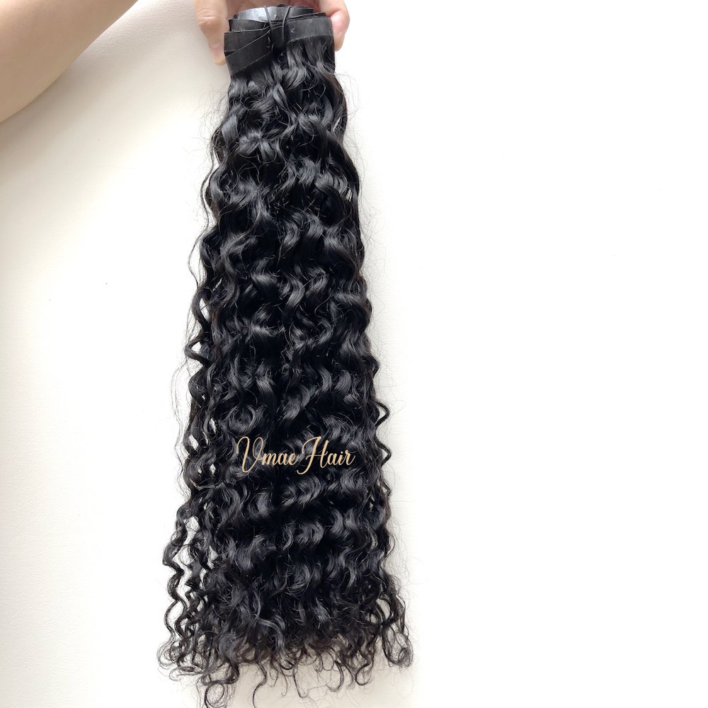VMAE Wholesale Vietnamese Raw Cuticle Aligned Human Hair PU Invisible Clip Ins Water Wave Kinky Seamless Clip In Hair Extension