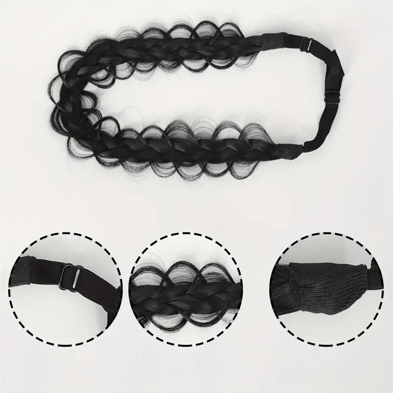 Elegant Adjustable Braided Crown Headband Durable Soft-Touch Elastic Hairpiece with Wide Synthetic Messy Hair