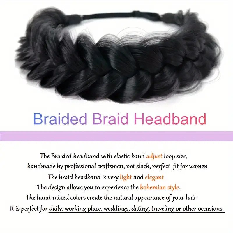 Elegant Adjustable Braided Crown Headband Durable Soft-Touch Elastic Hairpiece with Wide Synthetic Messy Hair
