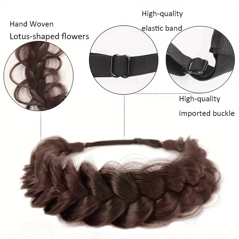 Elegant Adjustable Braided Crown Headband Durable Soft-Touch Elastic Hairpiece with Wide Synthetic Messy Hair