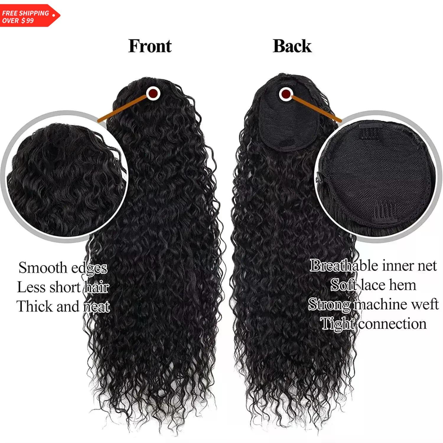 Deep Water Wave Ponytail Real Human Hair Extensions Brazilian Hairpiece 100g Remy