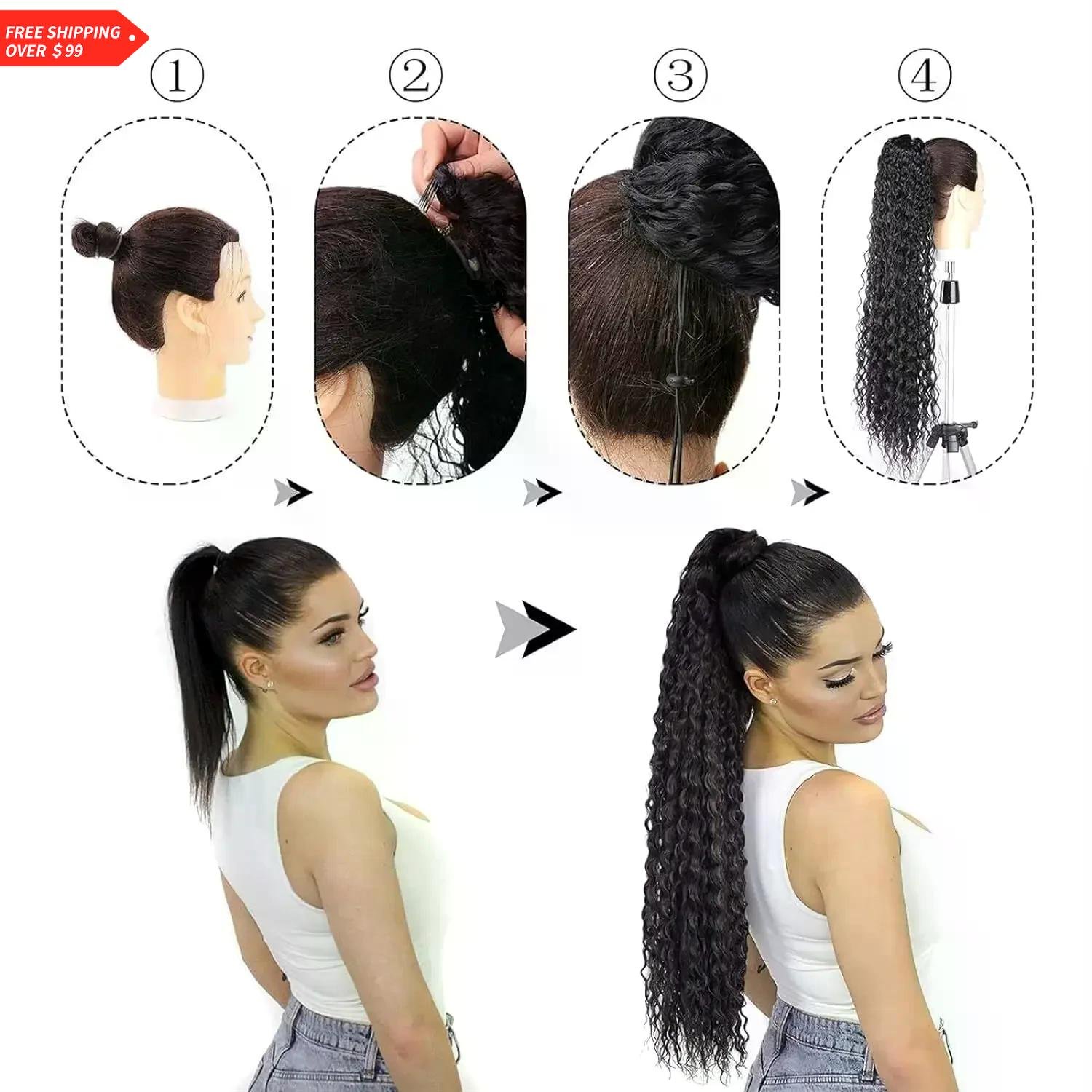 Deep Water Wave Ponytail Real Human Hair Extensions Brazilian Hairpiece 100g Remy