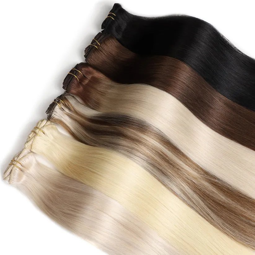 Factory Direct Wholesale 100% Russian Human Hair Extension Clip-In hair extension in Natural and Straight Waves all curl