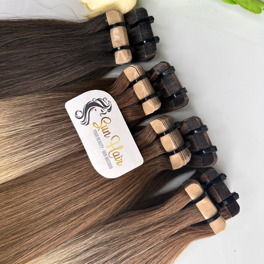 Wholesale High Quality Bone Straight With Brown Ombre Color Super Double Drawn Tape Ins 100% Real Human Hair Extensions