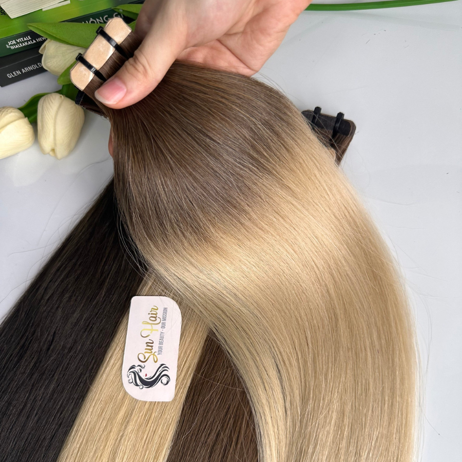 Wholesale High Quality Bone Straight With Brown Ombre Color Super Double Drawn Tape Ins 100% Real Human Hair Extensions