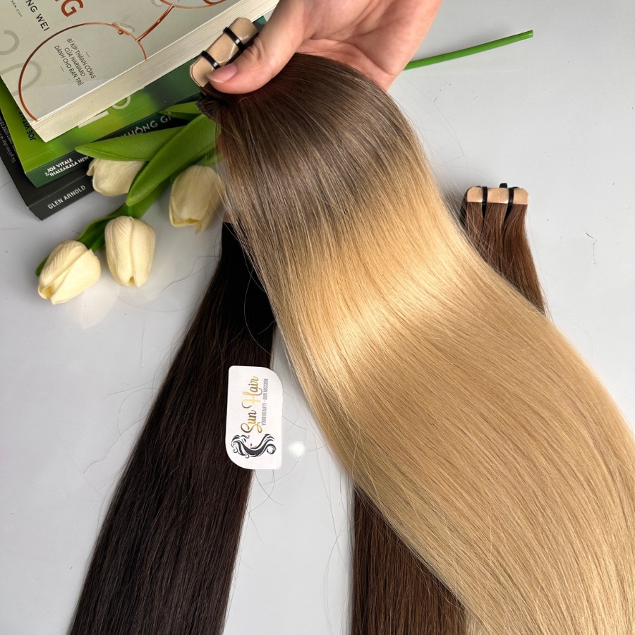 Wholesale High Quality Bone Straight With Brown Ombre Color Super Double Drawn Tape Ins 100% Real Human Hair Extensions