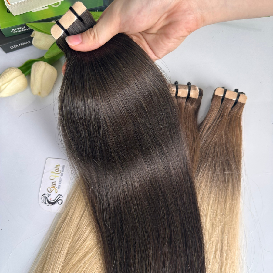Wholesale High Quality Bone Straight With Brown Ombre Color Super Double Drawn Tape Ins 100% Real Human Hair Extensions