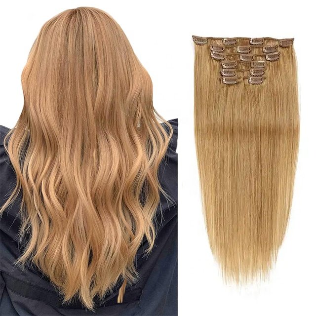 Wholesale 100% Natural Raw Indian Silky Straight Wave Human Hair Extensions Virgin clip in Hair Extension 27#