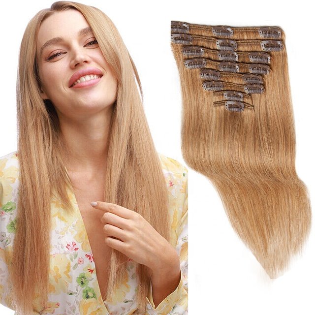 Wholesale 100% Natural Raw Indian Silky Straight Wave Human Hair Extensions Virgin clip in Hair Extension 27#