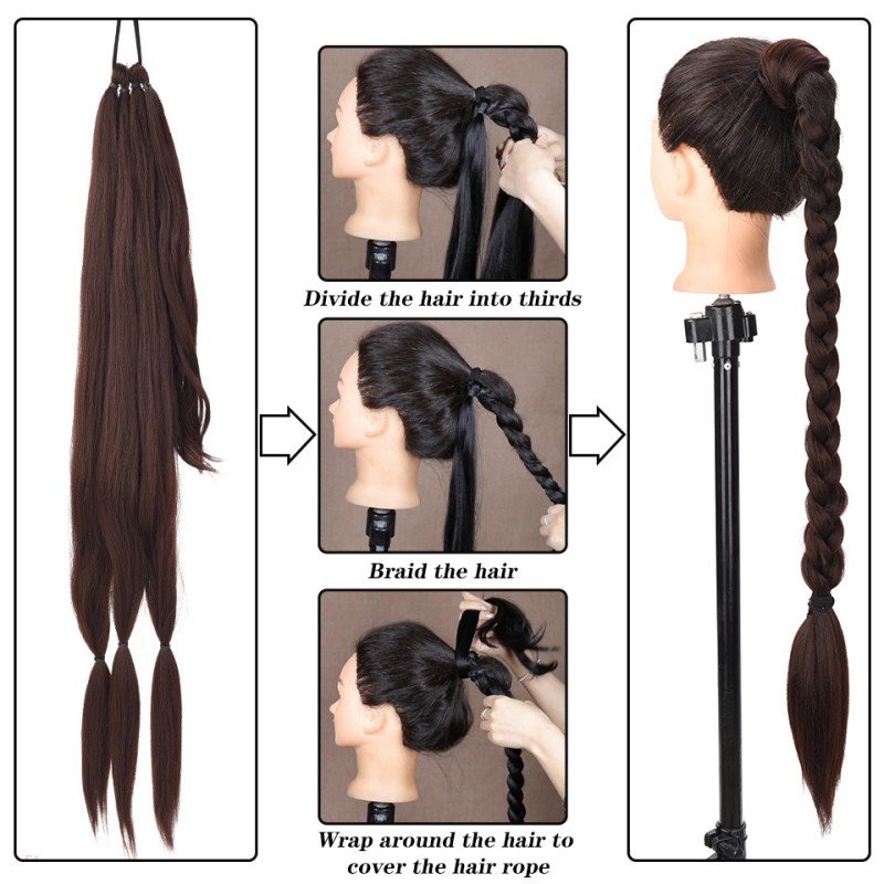 28inch Brown Braid Ponytail Extensions Synthetic Boxing Braids Wrap Around Chignon Tail With Rubber Band