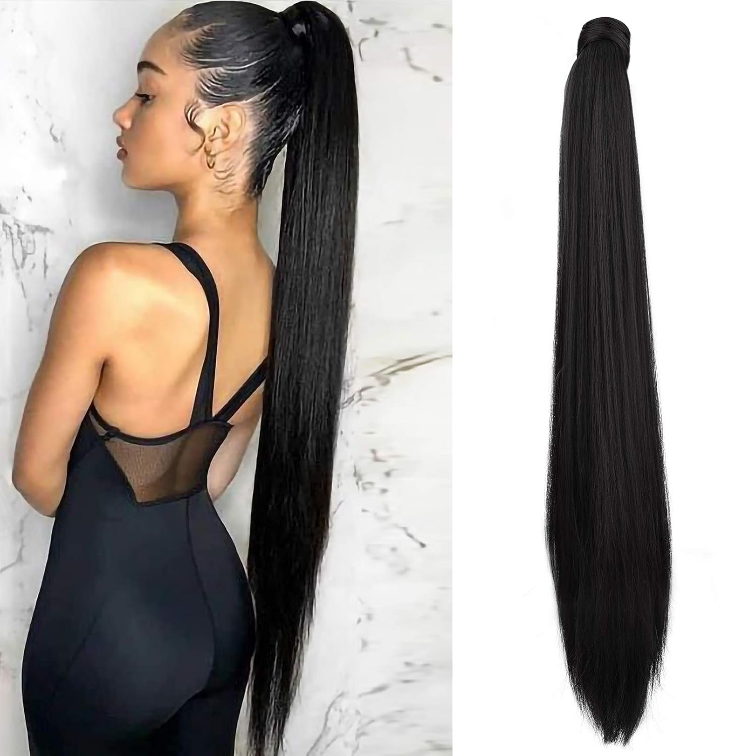 Real Human Hair Ponytail Black Peruvian Human Hair Ponytail Hair Extensions Straight Body Water Deep Wave 10~24 Inch In Stock