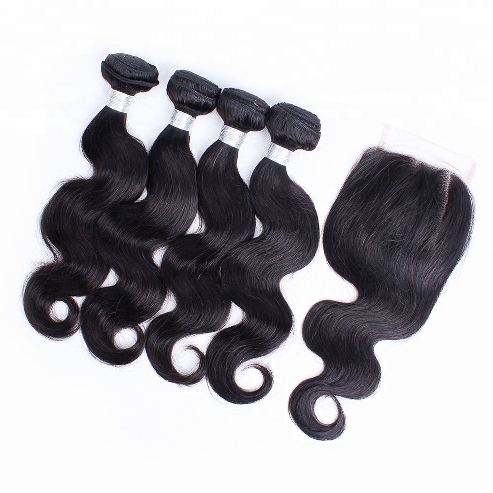 Brazilian Human Hair Extensions Natural Straight 4 Pieces Hair Bundles With Lace Closure