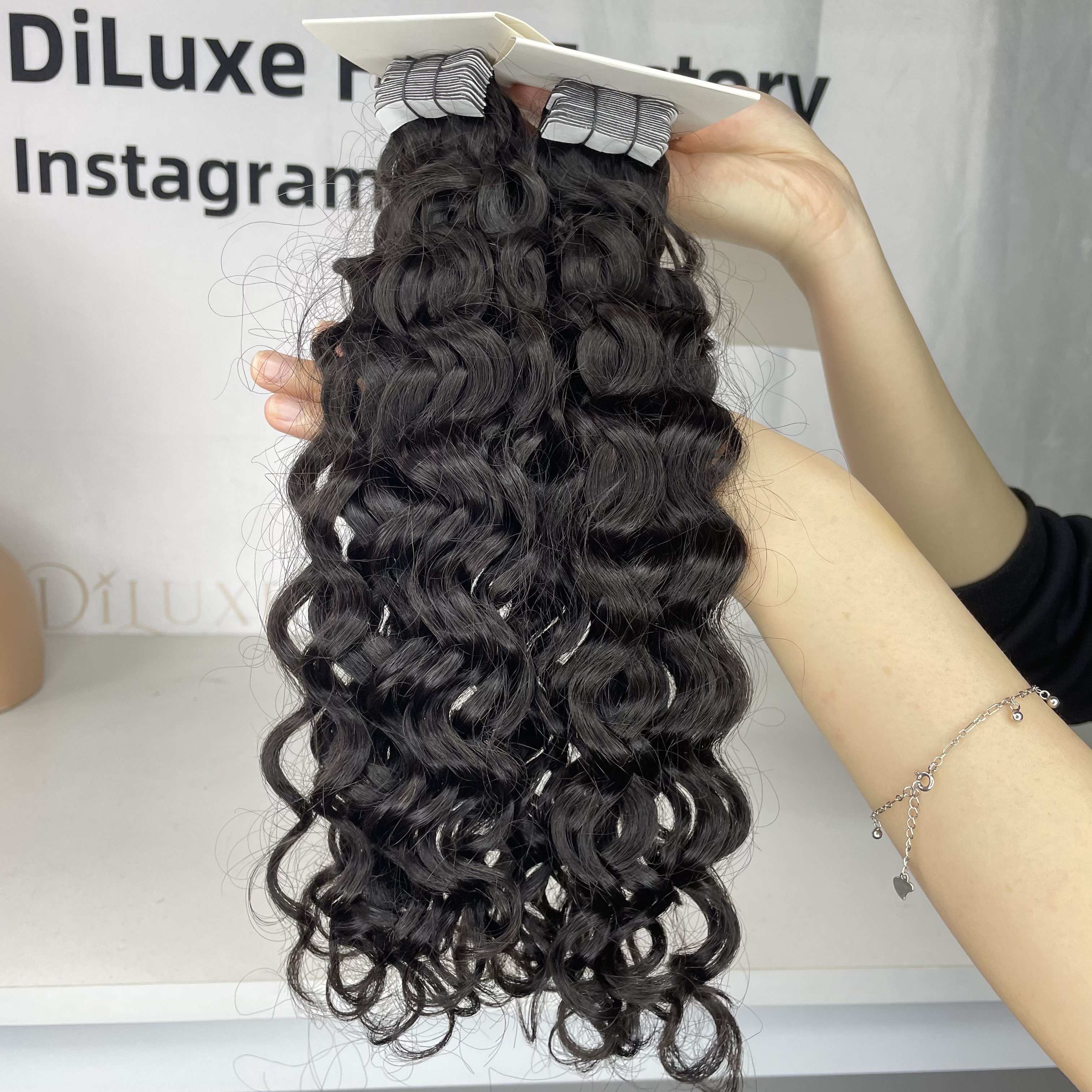 Diluxe Wholesale Raw Invisible Tape In Extensions 100% Human Raw Free Chemical Burmese Curly Water Wave Hair Vendor