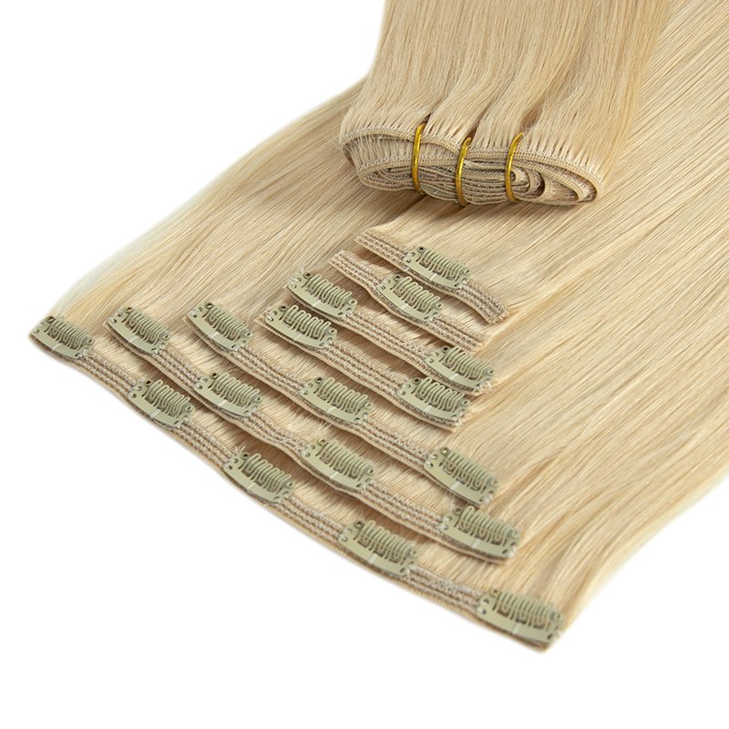 Wholesale russian hair double drawn clip in human hair extensions