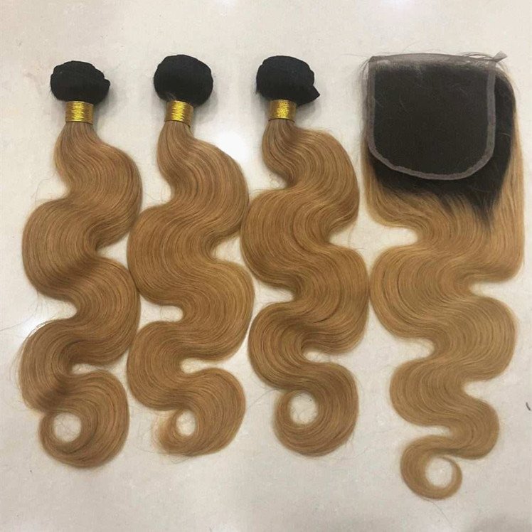 1 Piece Min Order Black And Brown Two Tone Color Body Wavy Brazilian Hair Bundles With Closure 1b 27 Ombre Human Hair Extensions