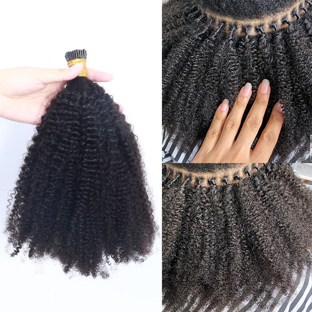 Brazilian 4b 4c Afro Kinky Curly I Tip Human Hair Extensions For Black Women Virgin Hair Black Color keratin hair extension