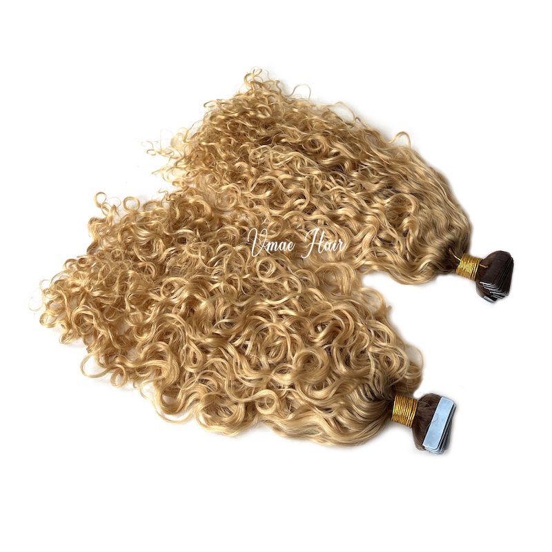 Vmae Raw European dark root #4 Virgin curly hairDeep Curly Highlight Ombre Color 613 Blonde kinky curly Tape In Hair Extensions