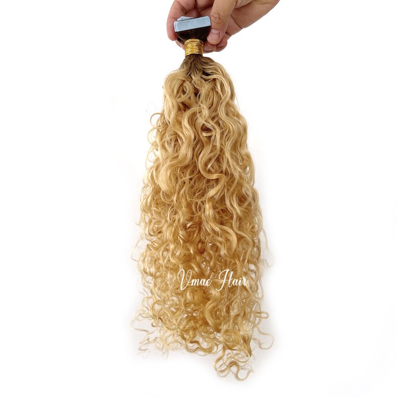 Vmae Raw European dark root #4 Virgin curly hairDeep Curly Highlight Ombre Color 613 Blonde kinky curly Tape In Hair Extensions