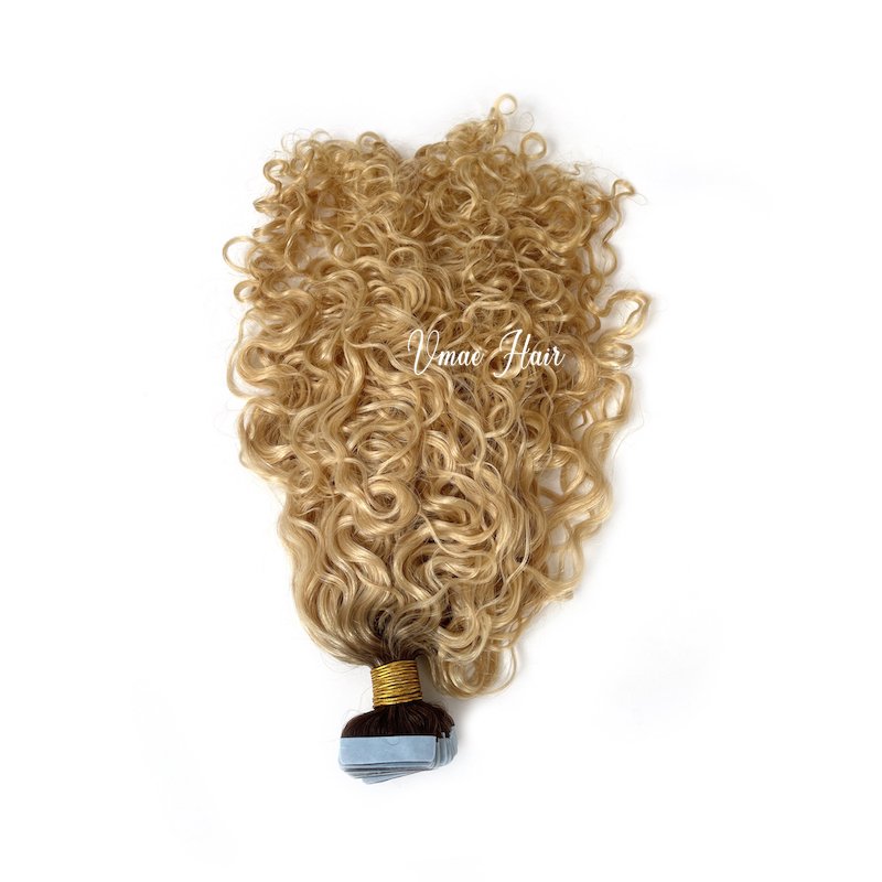 Vmae Raw European dark root #4 Virgin curly hairDeep Curly Highlight Ombre Color 613 Blonde kinky curly Tape In Hair Extensions
