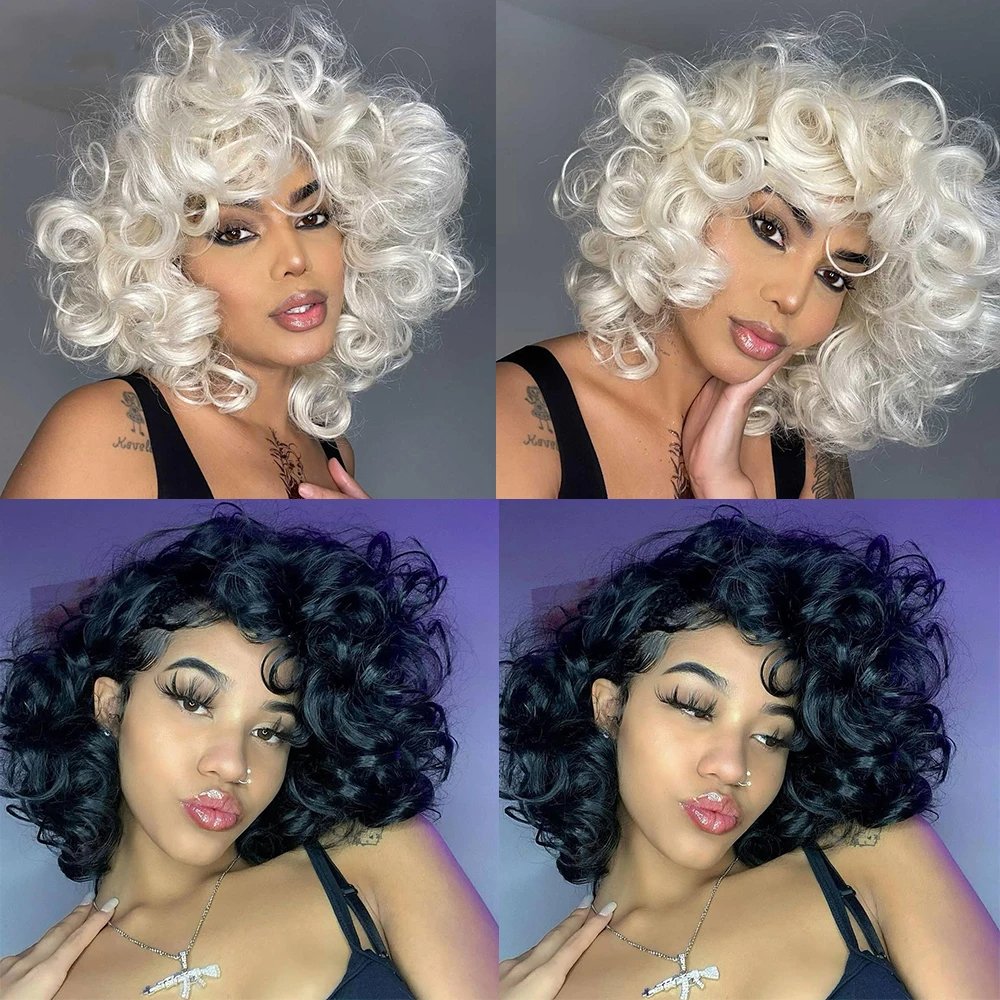 Short Hair Afro Curly Wig With Bangs For Black Women Cosplay Fluffy Glueless Mixed Brown Blonde Wigs Natural Red White Blue