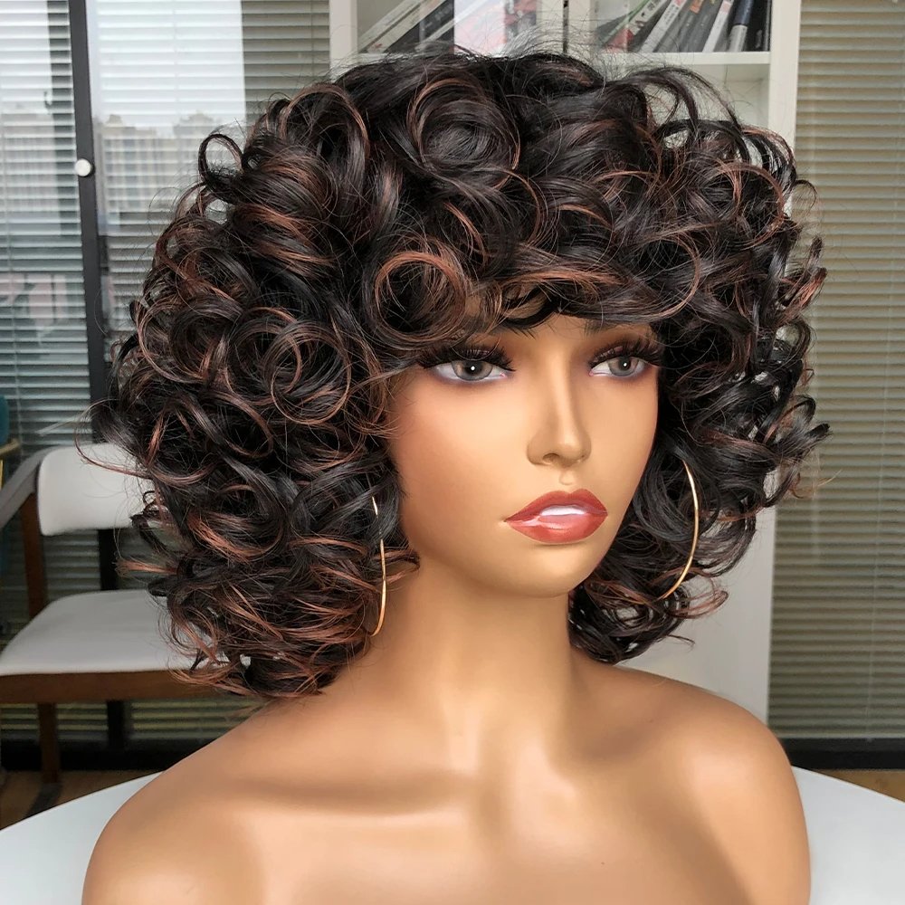 Short Hair Afro Curly Wig With Bangs For Black Women Cosplay Fluffy Glueless Mixed Brown Blonde Wigs Natural Red White Blue