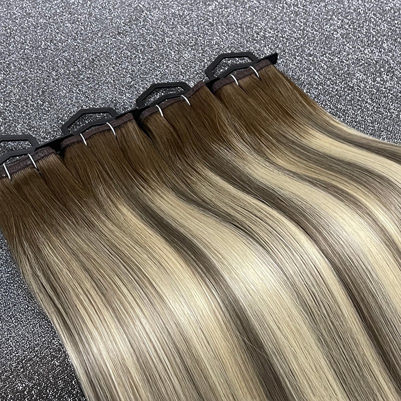 wholesale longest hair ratio top quality cuticle intact highlight/piano/ombre double drawn flat weft teased hair extensions