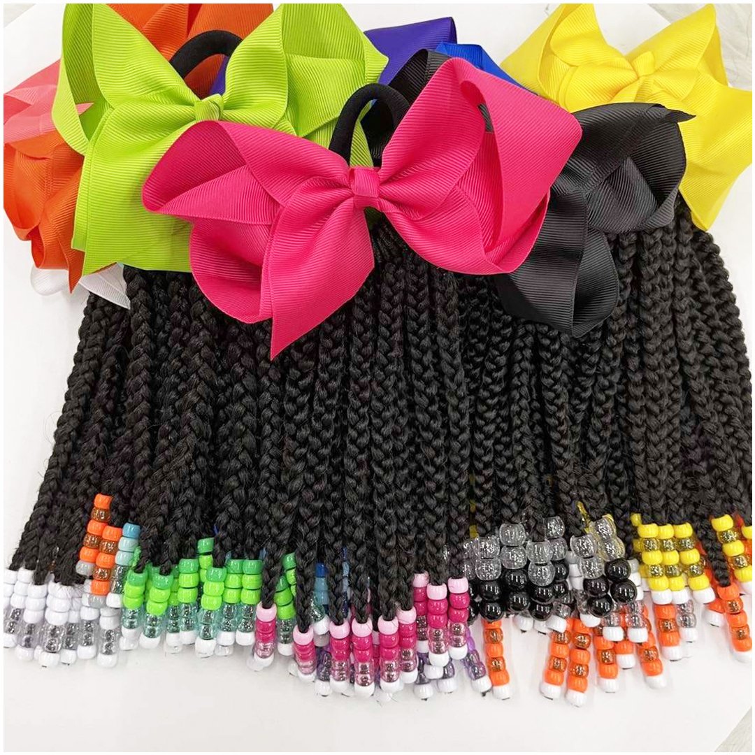 Kids braided ponytail with beads and bow kids hair extension ponytail for girls black girl hair accessories with bubbles