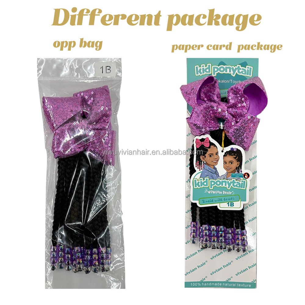Kids braided ponytail with beads and bow kids hair extension ponytail for girls black girl hair accessories with bubbles