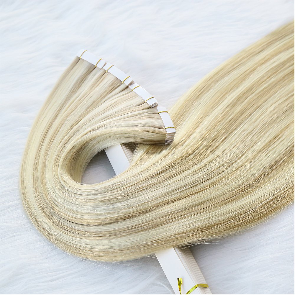 Strong Adhesive Double Drawn Invisible Skin Weft 100 Remy Russian Blonde Highlight Piano Blond PU Tape ins Human Hair Extensions