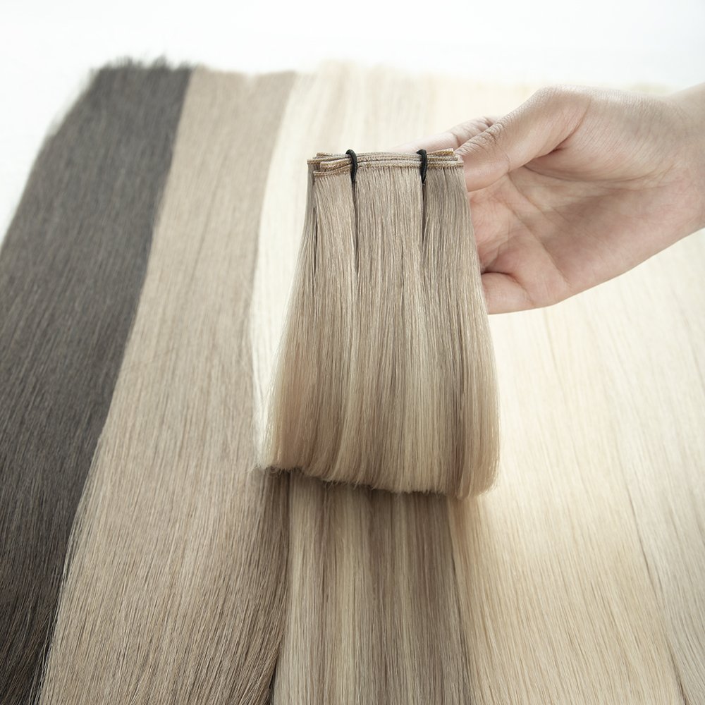 LeShine Seamless Weft Top Quality Russian Genius Weft Hair Extensions Hand Tied Hair Extensions Raw Human Hair