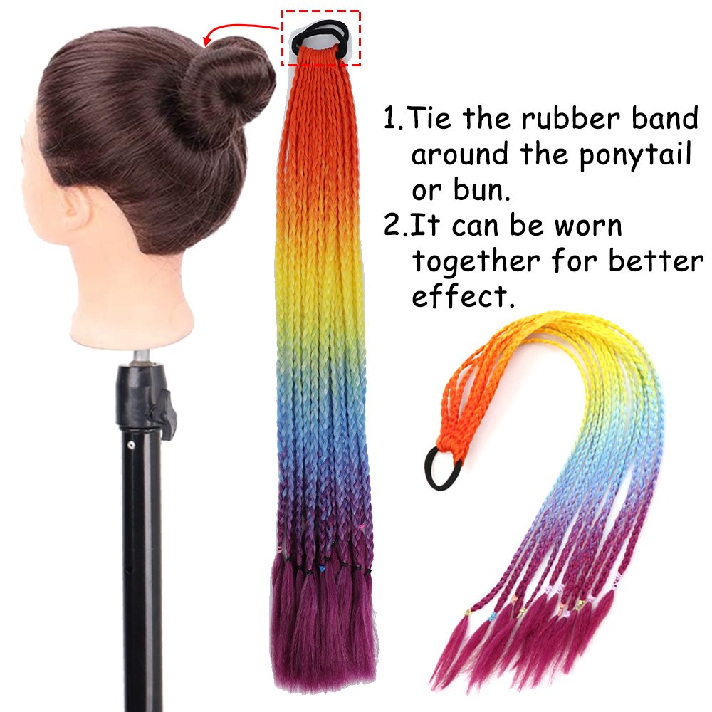 Synthetic Colored Braided Ponytail Hair Extension Rainbow Color Braids Pony Tail With Elastic Band Girl's Pigtail