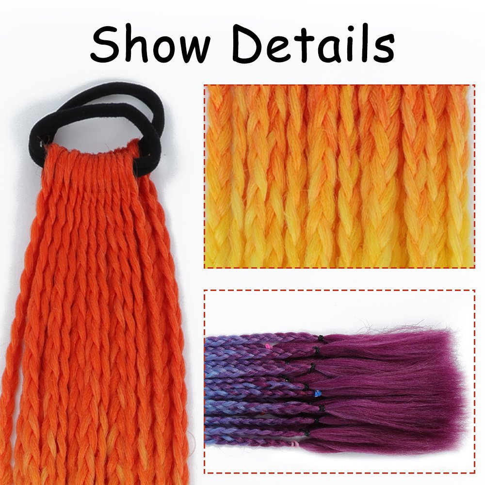 Synthetic Colored Braided Ponytail Hair Extension Rainbow Color Braids Pony Tail With Elastic Band Girl's Pigtail