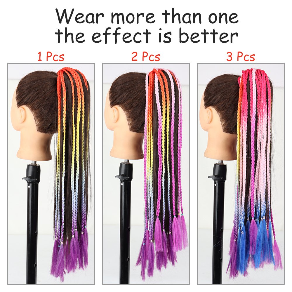 Synthetic Colored Braided Ponytail Hair Extension Rainbow Color Braids Pony Tail With Elastic Band Girl's Pigtail