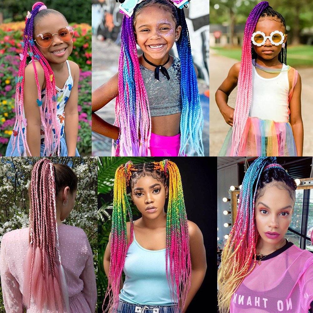 Synthetic Colored Braided Ponytail Hair Extension Rainbow Color Braids Pony Tail With Elastic Band Girl's Pigtail